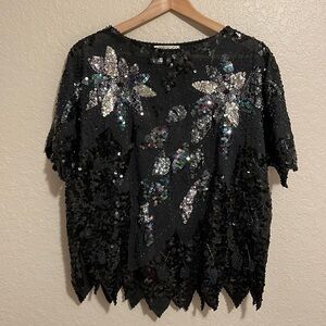 Vintage Henbo Women’s Black Sequin Beaded Semi Sheer Short Sleeve Blouse Size M